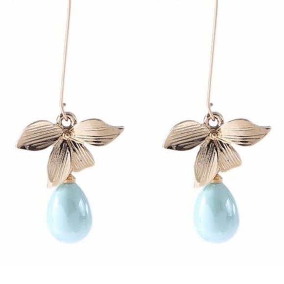 Edgy Minty Blue Teardrop Pearl Orchid Flower Gold Plated Long Earrings - Picture 3 of 5